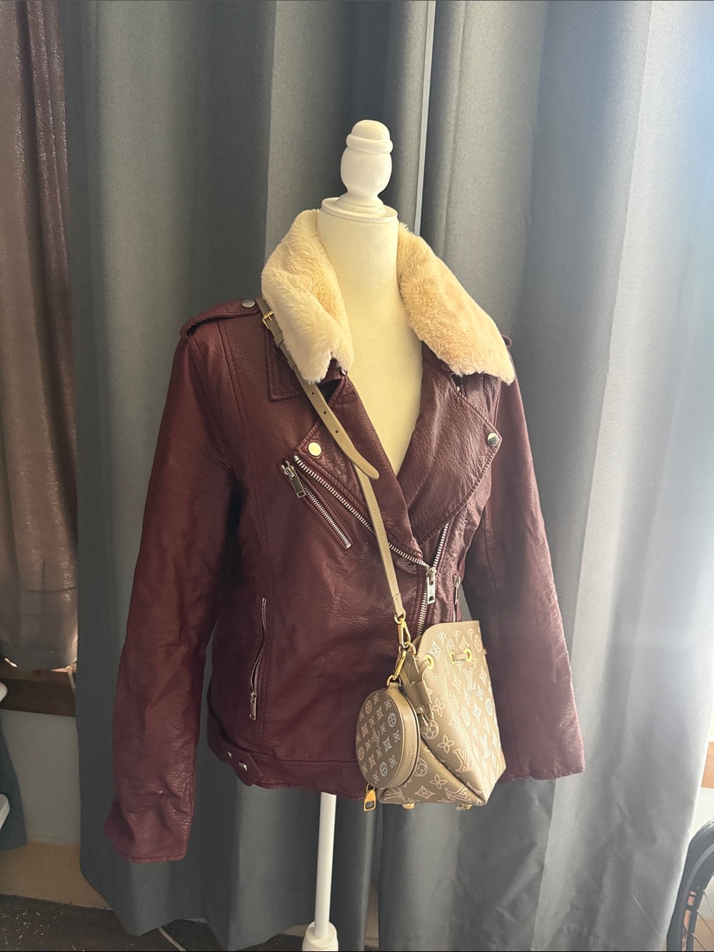 Noize Burgundy Faux-Leather Moto Jacket with Cream Shearling Collar
